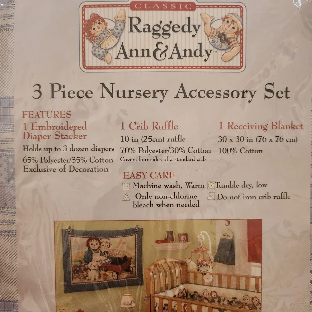 Vtg Springs Baby Raggedy Ann & Andy‎ 3 Pc Nursery Crib Ruffle Diaper Stacker Set